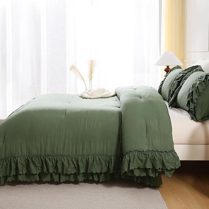 Herside Olive Green Ruffle Comforter Set King Size,Shabby Chic Boho Bedding Sets, Soft Fluffy Comforters Sets for All Season,Vintage Ruffled 3 Pcs Microfiber Lightweight Quilt Set for Women Girls