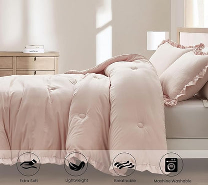 Chezmoi Collection Nora Blush Comforter Set King Size 3-Piece Fluffy Soft Stone-Washed Ruffled Shabby Chic Bedding for All Season