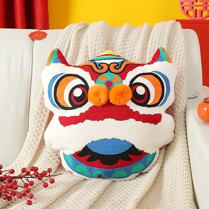 Chinese New Year 2026 Lion Pillow, Red Lion Head Throw Pillows Lion Dance Cushion New Year Decorations Cute Chinese Gifts for Friends(45x48cm)
