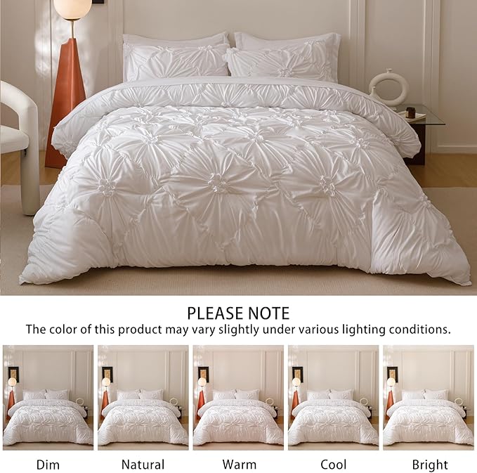 White Twin Comforter Set - 7 Pieces Bed in a Bag, Premium Comforters Twin Size Bed Set Pintuck Pinch Pleat Complete Comforter Set with Flat Sheet, Fitted Sheet and Pillowcases,White