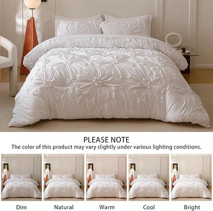 White Twin Comforter Set - 7 Pieces Bed in a Bag, Premium Comforters Twin Size Bed Set Pintuck Pinch Pleat Complete Comforter Set with Flat Sheet, Fitted Sheet and Pillowcases,White