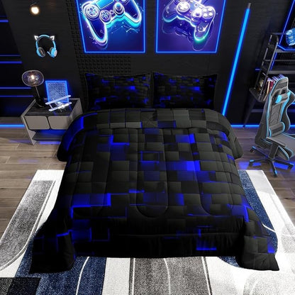 Erosebridal Black Navy Royal Blue Comforter Set Full Neon Geometric Checkered Bedding Set for Teen Boys Gamer Room Decor,Abstract Stereoscopic Grids Quilt Square Plaid Check Bed Set 3 Pcs