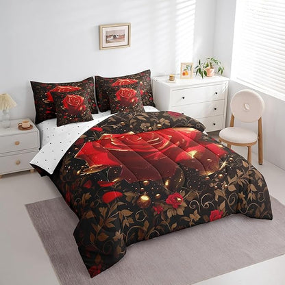 Erosebridal Red and Gold Rose Comforter Set Twin with Sheets,Romantic Rose Flowers Bed in a Bag for Girls Women Couples Bedroom Decor,Botanical Leaf 7 Piece Bedding Set,Valentines Day Wedding Gifts
