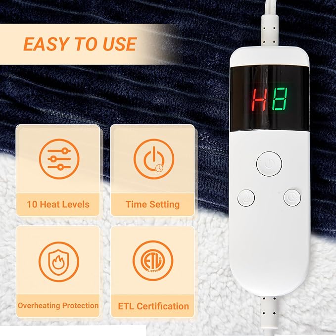 Heated Blanket Electric Queen, Soft Flannel Heating Blanket with 8 Hours Auto Off 10 Fast Heating Levels Machine Washable Sherpa Heated Blanket with Overheating Protection