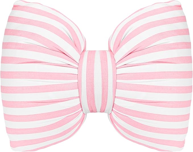 Little Pink Bow Pillows Car Decorative 10x9.5 inch, Stripes Shaped Headrest Pillow for Car Cotton Handmade Cushion Striped Case Washable Coquette for Sofa Office Neck Lumbar Aesthetic Room Home Decor