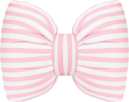 Little Pink Bow Pillows Car Decorative 10x9.5 inch, Stripes Shaped Headrest Pillow for Car Cotton Handmade Cushion Striped Case Washable Coquette for Sofa Office Neck Lumbar Aesthetic Room Home Decor