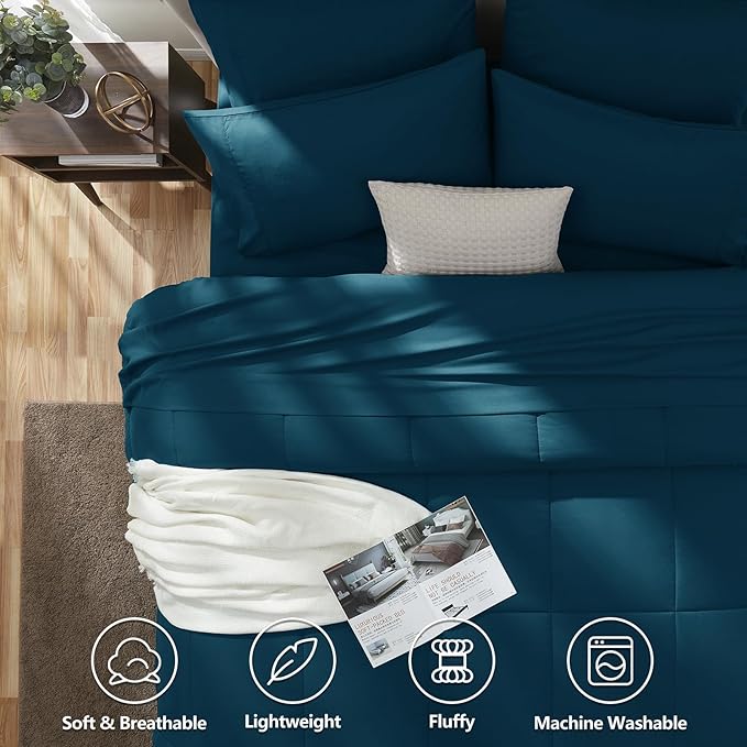 CozyLux Full Size Comforter Set Lyons Blue, 7 Pieces Bed in a Bag, Blue Comforter Full Size, All Season Bedding Sets with Stitch Quilted Comforter, Flat Sheet, Fitted Sheet, Pillowcases