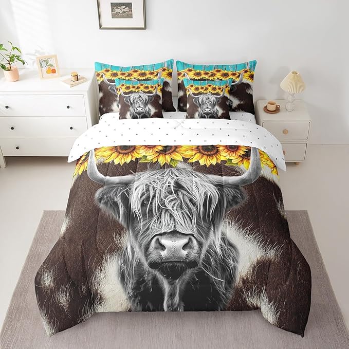 Erosebridal Highland Cow 7 Pcs Comforter Set King (Not Real) Cowhide Bed in a Bag Sunflower Floral Duvet Insert Cow Fur Flat Sheet Rustic Blue Wooden Barn Door Quilt Funny Farm Animals Bedding Set