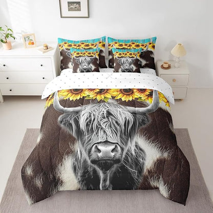 Erosebridal Highland Cow 7 Pcs Comforter Set King (Not Real) Cowhide Bed in a Bag Sunflower Floral Duvet Insert Cow Fur Flat Sheet Rustic Blue Wooden Barn Door Quilt Funny Farm Animals Bedding Set