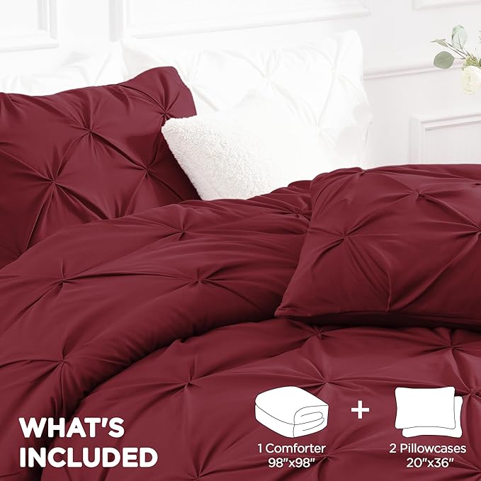 Andency Burgundy Comforter Set Oversized Queen(98x98Inch), 3 Pieces Comforter for Girls Kids, Soft Microfiber Pinch Pleat Comforter Set, All Season Lightweight Bedding Set