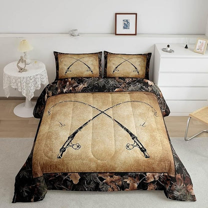 Erosebridal Rustic Fishing Full Comforter Set Gifts for Kids Boys Men Women,Retro Camo Fishing Rod Bedding Set Country Farmhouse Lake Cabin Quilt Bedding Sets Tree Branch Camouflage Bed Set 3 Pcs