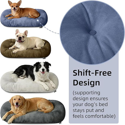 Washable Large Dog Bed for Medium & Large Breeds, Non-Slip Bottom & Plush Faux Silver Fox Fur Oval Cushion Pad for Big Dogs, Soft Mat for Crates, Mist Blue, 41x27 Inch