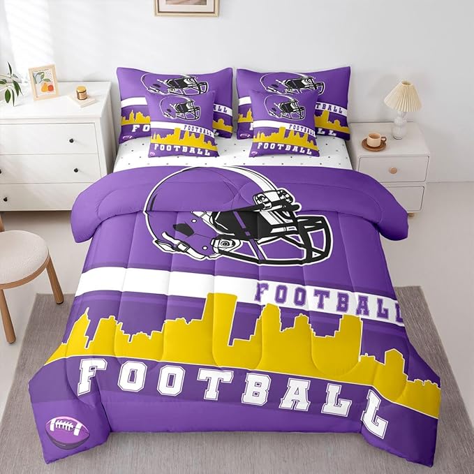 Erosebridal Football 7 Pcs Comforter Set King Football City Bedding for Teens Purple Football Fans Sheet Set Bed in A Bag Rugby Game Room Decor Sports Ball Competition Bed Set