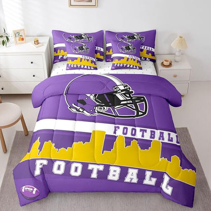 Erosebridal Football 7 Pcs Comforter Set Queen Football City Bedding for Teens Purple Football Fans Sheet Set Bed in A Bag Rugby Game Room Decor Sports Ball Competition Bed Set