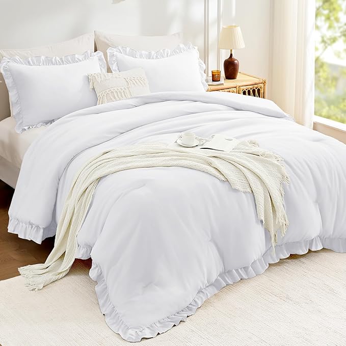 FUANNA Queen Comforter Set White 3 Pieces, Ruffle Shabby Chic Queen Bed Set, Fluffy Lightweight Soft Bed in a Bag Queen for All Seasons, Farmhouse Bedding Comforter Sets(1 Comforter & 2 Pillowshams)