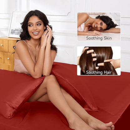 THXSILK Luxury Mulberry Silk Bed Sheets Set - 3pcs Silk Sheets Set 16" Deep Pocket - 1 Fitted Sheet, 1 Flat Sheet, 1 Pillowcase with Zipper Closure - Twin-XL, Red/Crimson