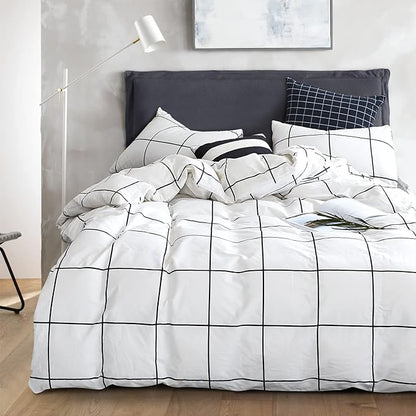KAREVER White Grid Comforter Set Bedding Set Cal King White Black Plaid Printed Stripes Women 3 PCs Checkered Bed Set