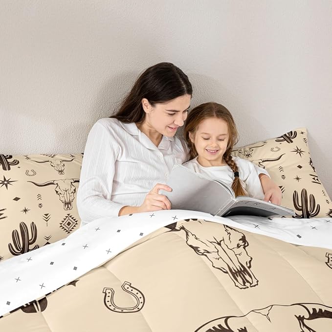 Erosebridal Boys Full Size Bull Skull Comforter Set, Western Cowboy Bedding Set Vintage Southwestern Duvet Insert Bohemian Geometric Cactus Quilt Tribal Exotic Ethnic for Teens Bedroom Decor,Khaki
