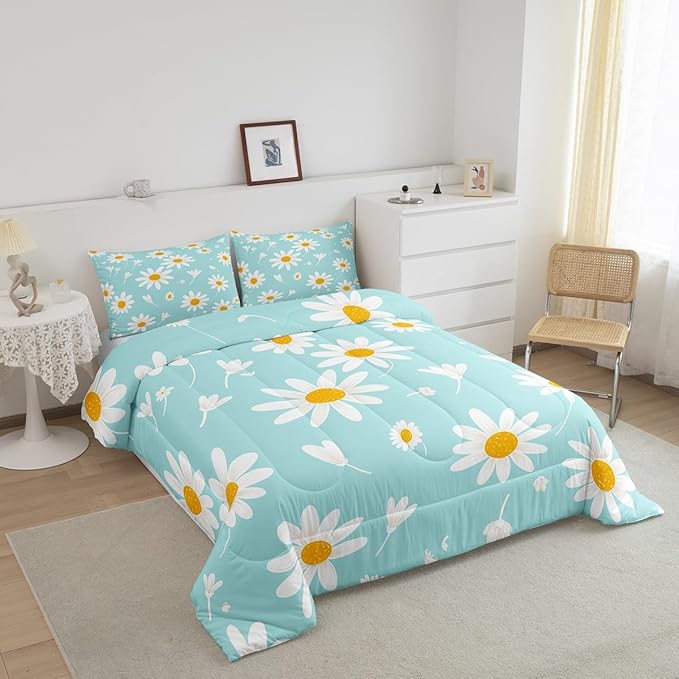 Manfei White Flower Comforter Set King Size, Botanical Garden Artwork Quilt Set with 2 Pillowcases, Daisy Floral Bedding Set 3pcs for Kids Boy Girls Bedroom Decor Lightweight Duvet Insert