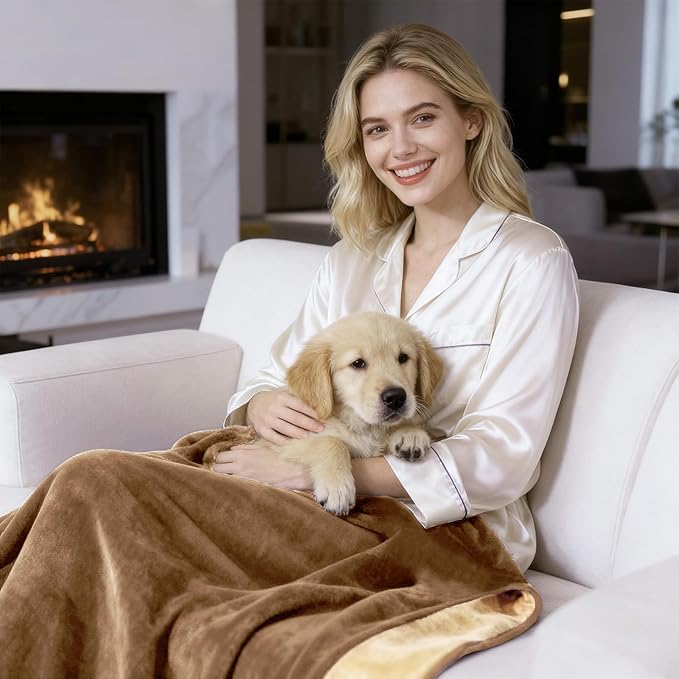 QiyI Waterproof Blanket for Bed Queen Size, Reversible Washable Pet-Friendly Flannel Throw Blanket, Leakproof Stain-Resistant Furniture Protector for Travel & Camping, 60"x80", Brown/Tan