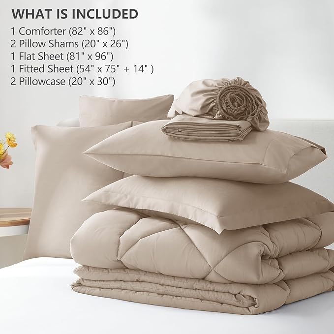 CozyLux Full Size Comforter Sets Wheat - 7 Pieces Bed in a Bag Full, Luxury Soft Bed Set for All Seasons, Bedding Set with Down Alternative Comforter, Sheets, Pillowcases & Shams