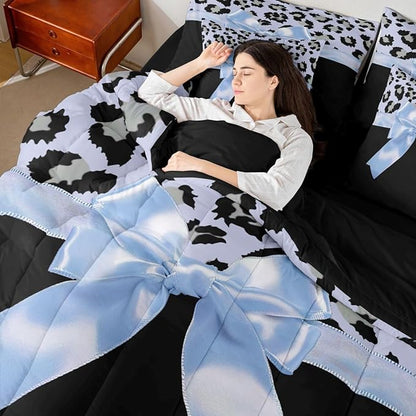 Feelyou Blue Silk Bowknot 7 Piece Bedding Set Twin Size Grey Leopard Comforter Set with Sheets for Kids Girls Women Black Blue Bed in a Bag Sweet Romantic Bed Set