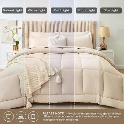 Sasttie King Size Comforter Set, 7 Pieces Bed in a Bag King, Complete Bedding Set Includes Comforter, Flat Sheet, Fitted Sheet, Pillowcases and Pillow Shams, Beige