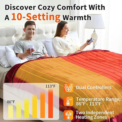 Heated Electric Blankets - Soft Flannel Heating Throw Electric Blanket Queen Size 84" × 90" Red - Velvet & Velvet