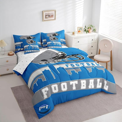 Erosebridal Football City 7 Pcs Comforter Set Full Football Bedding for Boys Girls Blue Grey Rugby Game Sheet Set Bed in A Bag Football Fans Bedroom Decor Sports Ball Team Bed Set