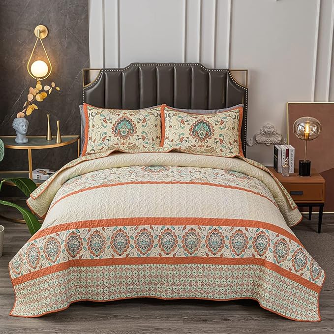Bohemian Twin Size Comforter Quilt Sets -2 Pieces Red Quilts 100% Cotton(1Quilt,1 Pillow Shams) with Reversible Bedspreads Bohemian Patchwork Bedding Set Sleep Companion