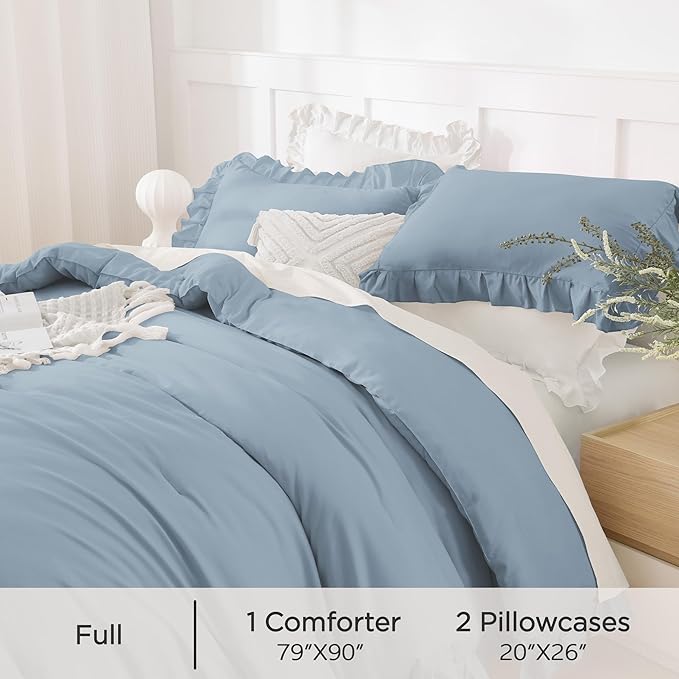 Andency Grayish Blue Full Size Comforter Set(79x90Inch), 3 Pieces(1 Ruffle Comforter and 2 Pillowcases) Lightweight Fluffy Bedding Comforter Sets Full Bed, All Season Soft Microfiber Bedding Set