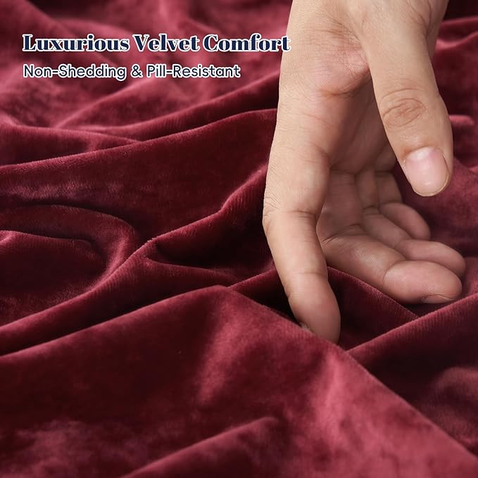 PHF Crushed Velvet Comforter Set King Size, 5-Piece Luxury Winter Bedding Sets with 2 Euro Shams, Heavyweight Warm Fluffy Velvet Bed Spread, Glam Home Decor, Wine Red/Burgundy