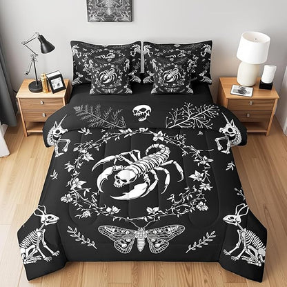 Scorpion Comforter Set 7 Pieces,Gothic Reptile Animals Exotic Style Bed Sets,Boho Flowers Butterfly Bedding Soft Microfiber,Queen(1 Comforter,2 Pillowcase,2 Pillow Covers,1 Flat Sheet,1 Fitted Sheet)