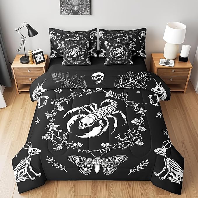 Scorpion Bedding Set 7 Pieces King,Gothic Reptile Animals Exotic Style Comforter Sets,Boho Flowers Butterfly Kids Bed Sets with 1 Comforter,2 Pillowcases,2 Pillow Covers,1 Flat Sheet,1 Fitted Sheet