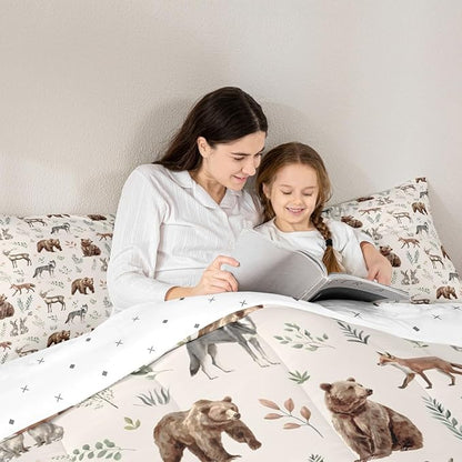 Erosebridal Woodland Animals Comforter Set Toddler Size Bear Deer Hunting Theme Bedding Set for Kids Child Bedroom | Cartoon Rabbit Wolf Fox Wildlife Duvet Insert Rustic Cabin Lodge Decor Quilt