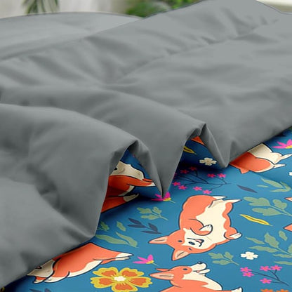 Comforter Set Full Size, Cute Dog Corgi 7 Pcs Bedding for Kids and Adults, Flower Funny Grey Bed Sheet Sets with Fitted Sheet 2 Pillowcases & 2 Shams for Bedroom Bed Decor
