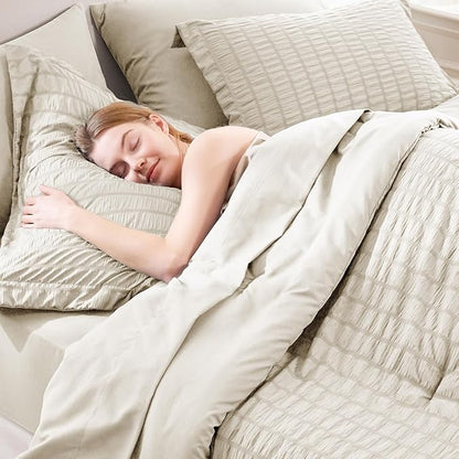 CozyLux King Size Comforter Set Oatmeal Seersucker 7 Pieces Bed in a Bag King Comforter Set with Sheets, Luxury Bedding Set with Down Alternative Comforter, Sheets, Pillowcases & Shams All Seasons