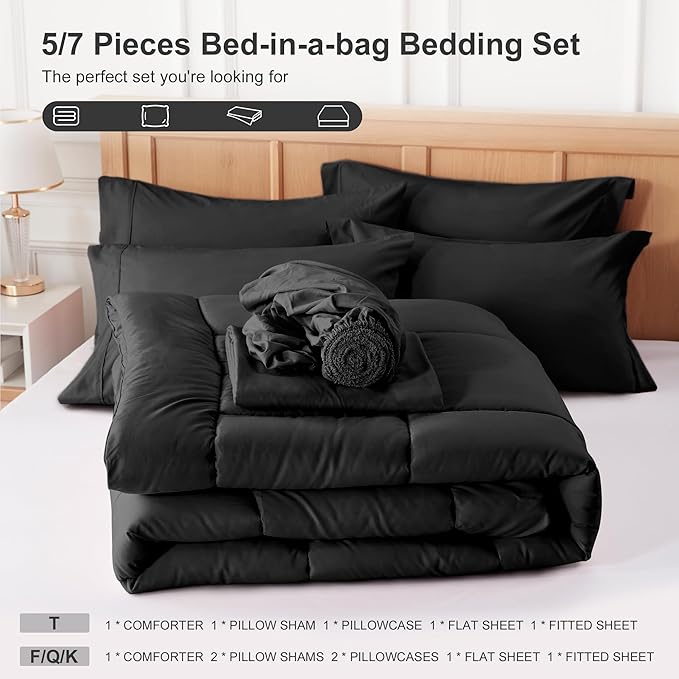 Newspin California King Comforter Set Black - Bed in a Bag California King Size 7 Pieces, All Season Bed Set, Fluffy Comforter Set with Sheets, Sheet Set Quilt Blanket, Pillowcases & Shams