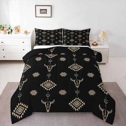 Castle Fairy Cow Skull Kids Comforter Set,Western Cowboy Black Gold Duvet Set for Room Decor,Aztec Bohemia Tribal Exotic Brushed Microfiber Soft Quilt Cover,Full Size 3 PCS