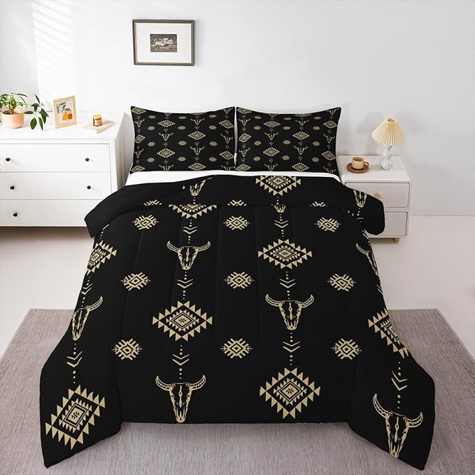 Castle Fairy Cow Skull Bed Comforter Set Queen Size,Aztec Bohemia Tribal Exotic Super Soft Microfiber Bedding Set for Girls Boys,Western Cowboy Black Gold Decorative Quilter Set 3 Pcs