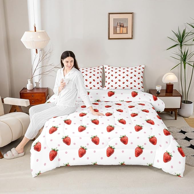 jejeloiu Sweet Strawberry Duvet Cover King Size 3D Print Bedding Set for Kids Boys Girls Pink Wave Dot Comforter Cover Set Kawaii Fruit Bedspread Cover 3Pcs