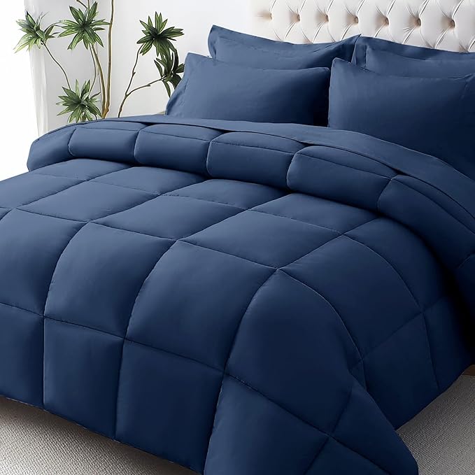 JOLLYVOGUE Queen Comforter Set, Ultra-Soft Bed in a Bag Queen Size 7 Pieces, Oeko-TEX Certified Bedding Set with Down Alternative Comforter, Sheets, Pillowcases & Shams, Navy