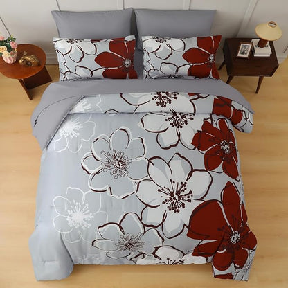 Anibedding 7Pieces Red Floral Comforter Set Queen Size, Soft Microfiber Red Grey Bed in a Bag Comforter Set with Sheets for All Season