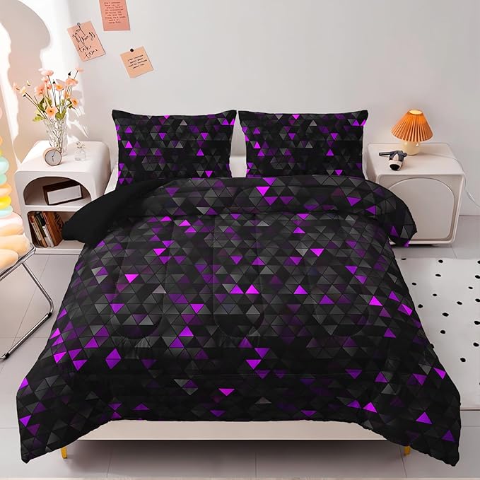 Geometric Violet Black Comforter Set,Triangle Honeycomb 3 PCS Bedding Set Twin Size for Teen Adult,Modern Quilt Set Geometry Decor,Microfiber Lightweight 1 Comforter 2 Pillowcases