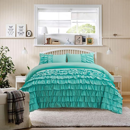 Holawakaka Aqua Waterfall Ruffle Comforter Set Full Size Multi-Layers Ruffled Shabby Chic 3PCS Bedding Set for Girls Women, Kids Teens Ruched Dorm Bed Set