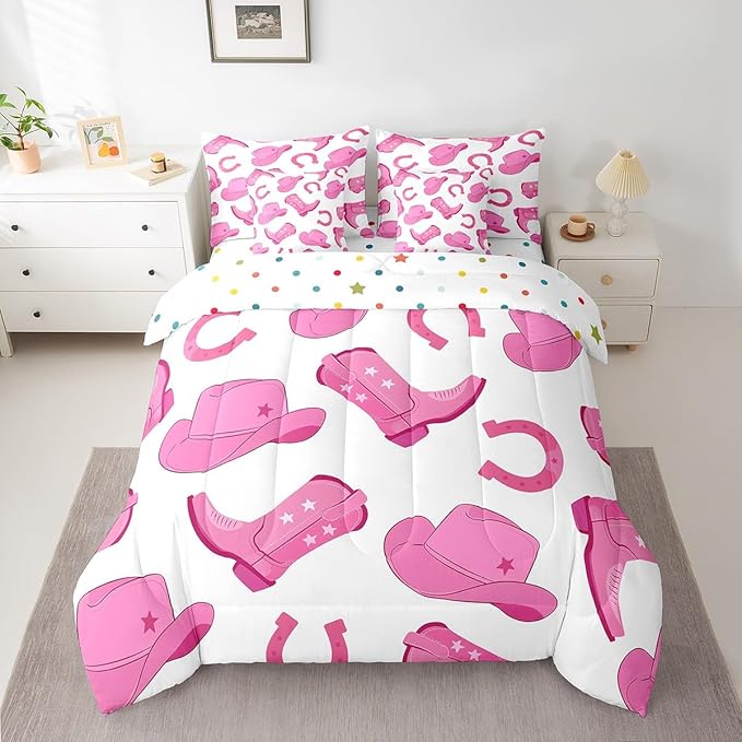 Feelyou Pink Western Cowgirl Comforter Set with Sheets Twin Size Kids West Cowboy 7 Pieces Bedding Set for Boys Girls Teens Rodeo Horseshoe Hat Bed in a Bag Grunge Design Bed Set
