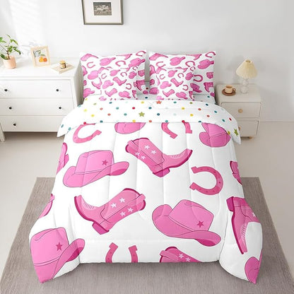 Feelyou Pink Western Cowgirl Comforter Set with Sheets King Size Kids West Cowboy 7 Pieces Bedding Set for Boys Girls Teens Rodeo Horseshoe Hat Bed in a Bag Grunge Design Bed Set