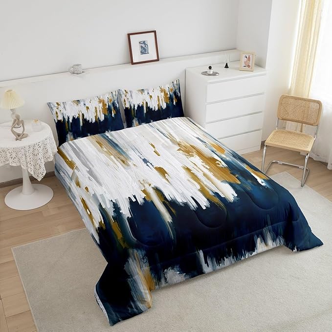 Erosebridal Navy Blue Bedding Full Gradient Brush Marks Comforter Set, Watercolor Stripe Aesthetic Down Comforter Abstract Ombre Bedding Comforter Sets, Chic Vintage Contemporary Duvet Insert 3pcs