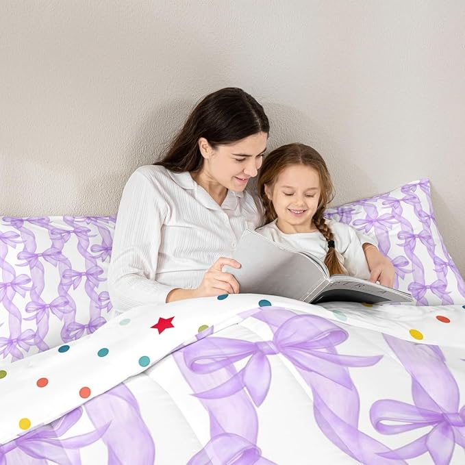 Bow Ribbon Bedding Sets King Size,Purple Bowknot Stripes Girl Comforter Set 3Pcs for Kids Woman Youth Room Decor,Girly Butterfly Tie Quilted Duvet Dreamy Princess Style Down Comforter,2 Pillowcases