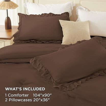 Andency Brown King Comforter Set (104x90Inch), 3 Pieces Ruffle Comforter Set with 2 Pillowcases, Farmhouse Shabby Chic Lightweight Fluffy Soft All Season Bed Set